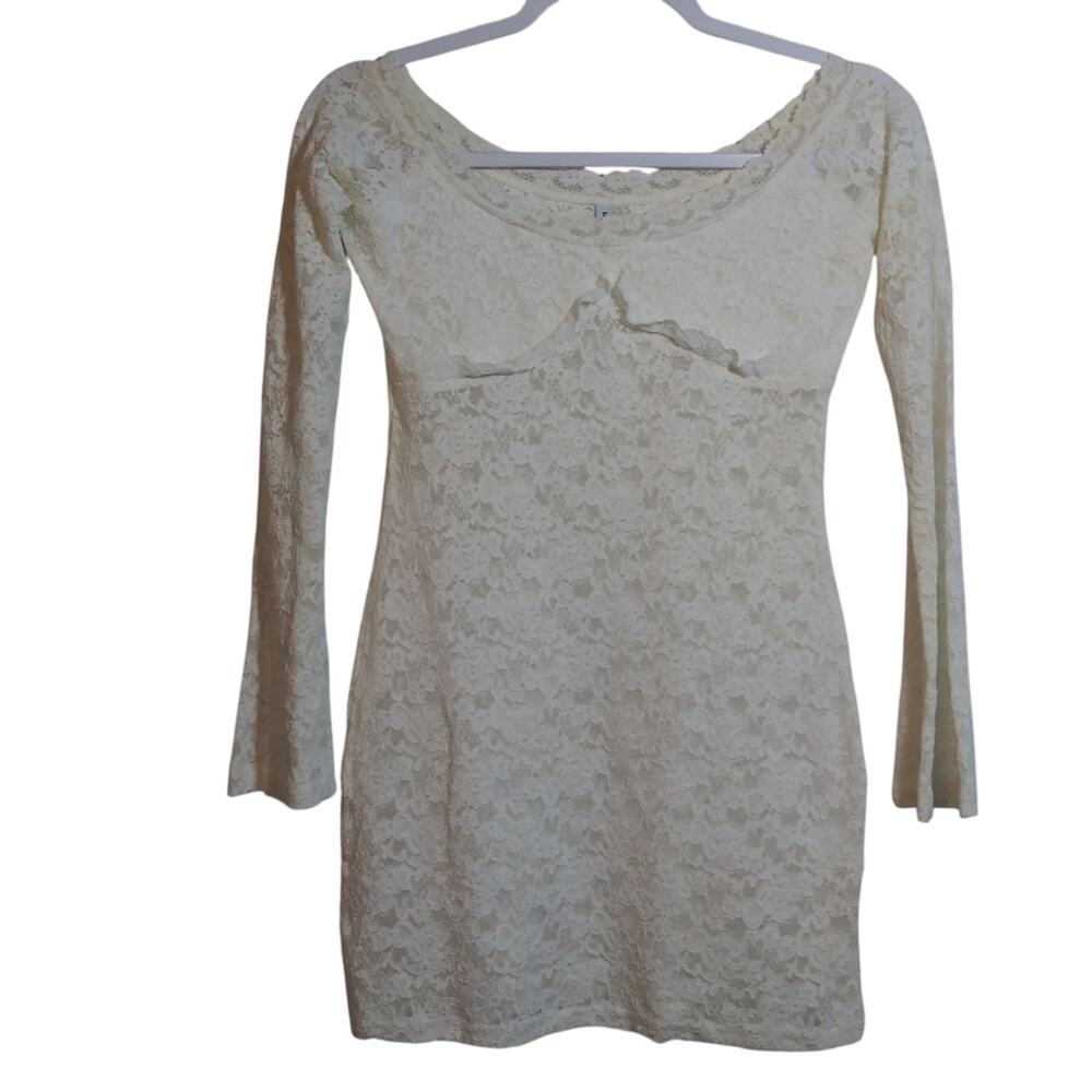 Elegant Cream Lace Sheer Long Sleeve Mini Dress Angelic Whimsy Size Small